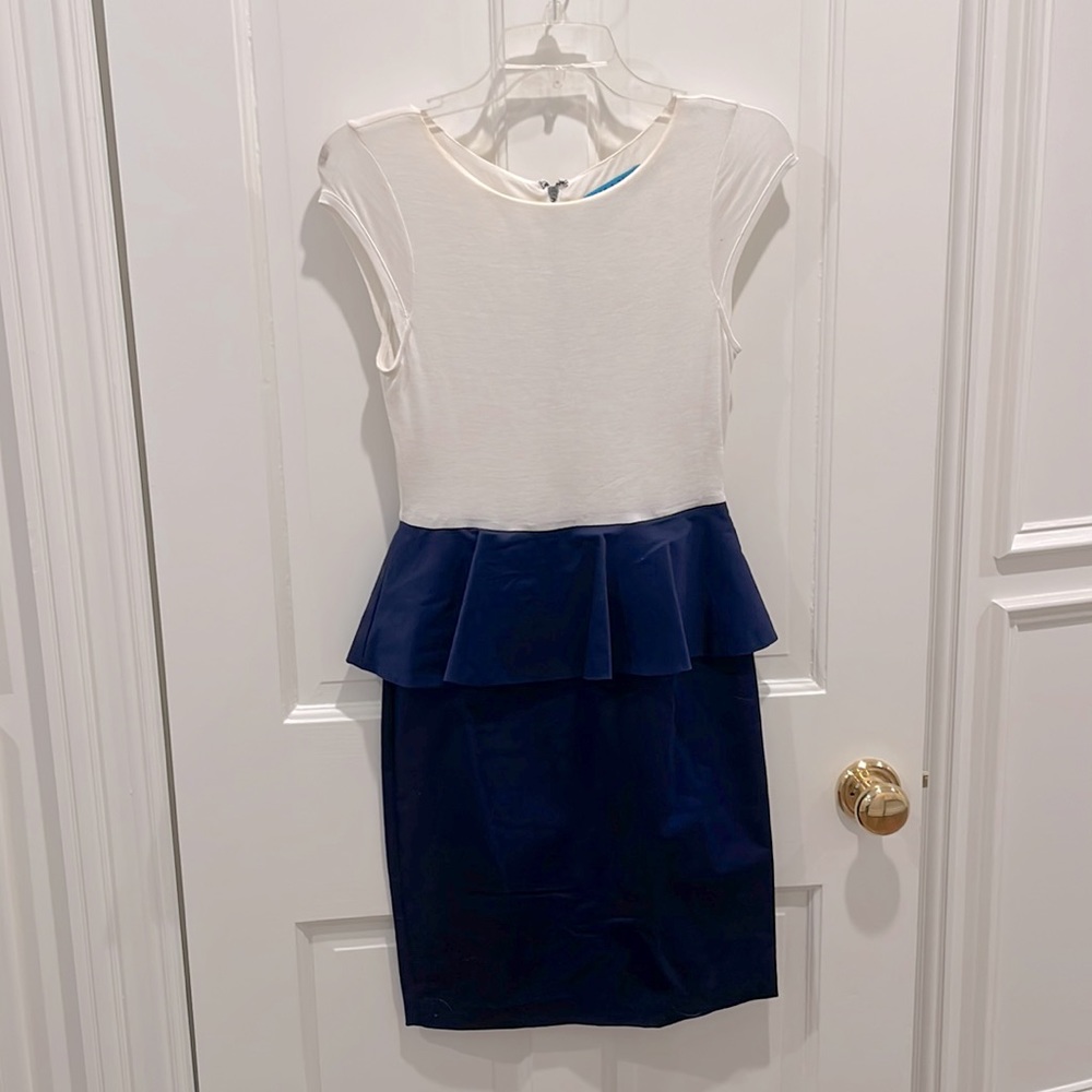 Alice & Olivia Peplum dress, navy blue and white